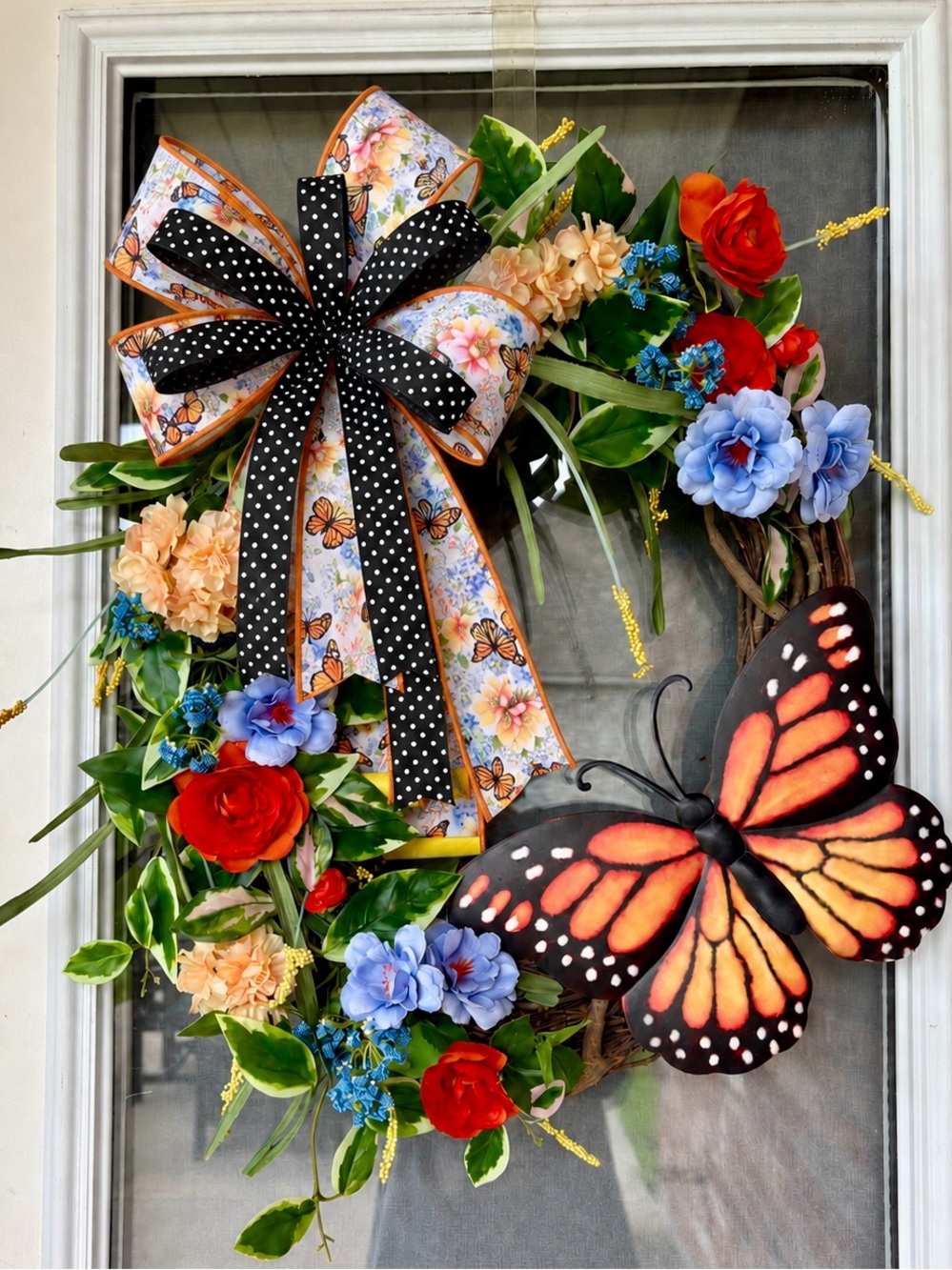 Monarch Butterfly Floral Grapevine Wreath with Decorative Bow